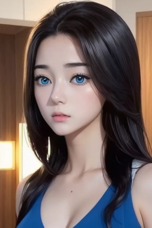 Best quality at best,,Reslisticstyle, (girl 15 years old), Colossal tits:1.5, shin yuna, black hair, (Long Straight hair), eyelids, blue eyes, (Sexy Slit Dress), sexy body