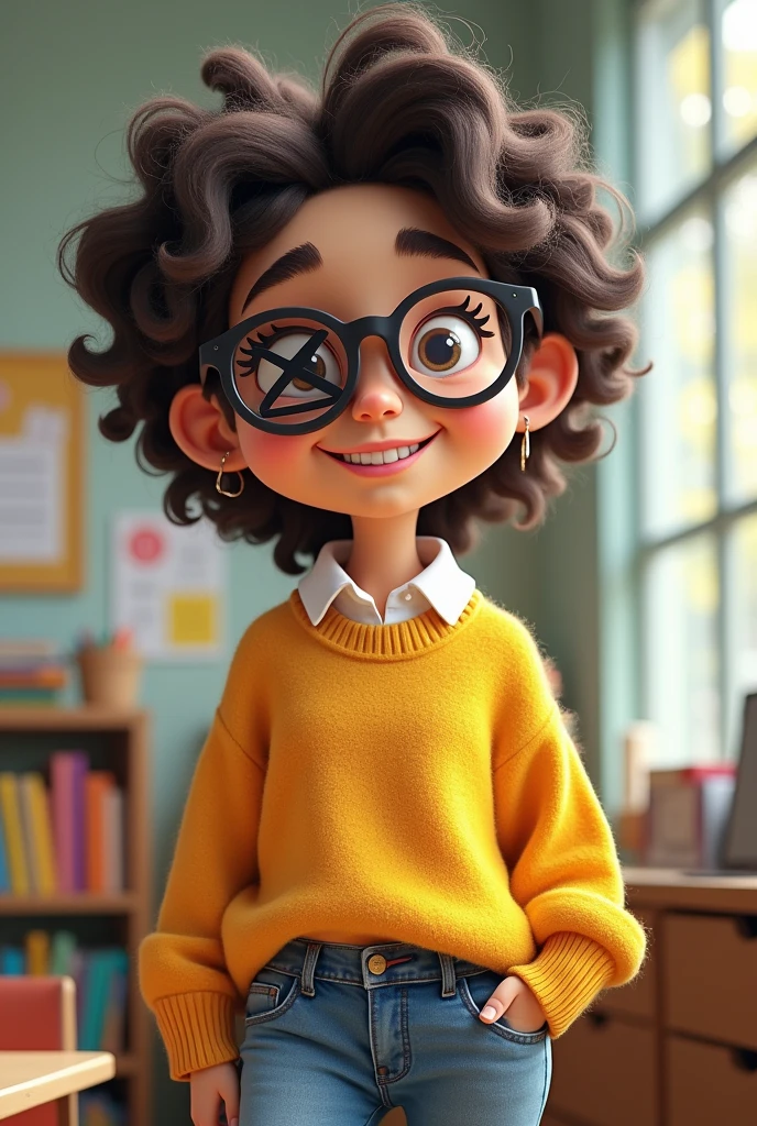 Miss circle homem with a missing eye replaced with an X and wearing glasses with a smile on his face with a normal eye and wearing student clothes