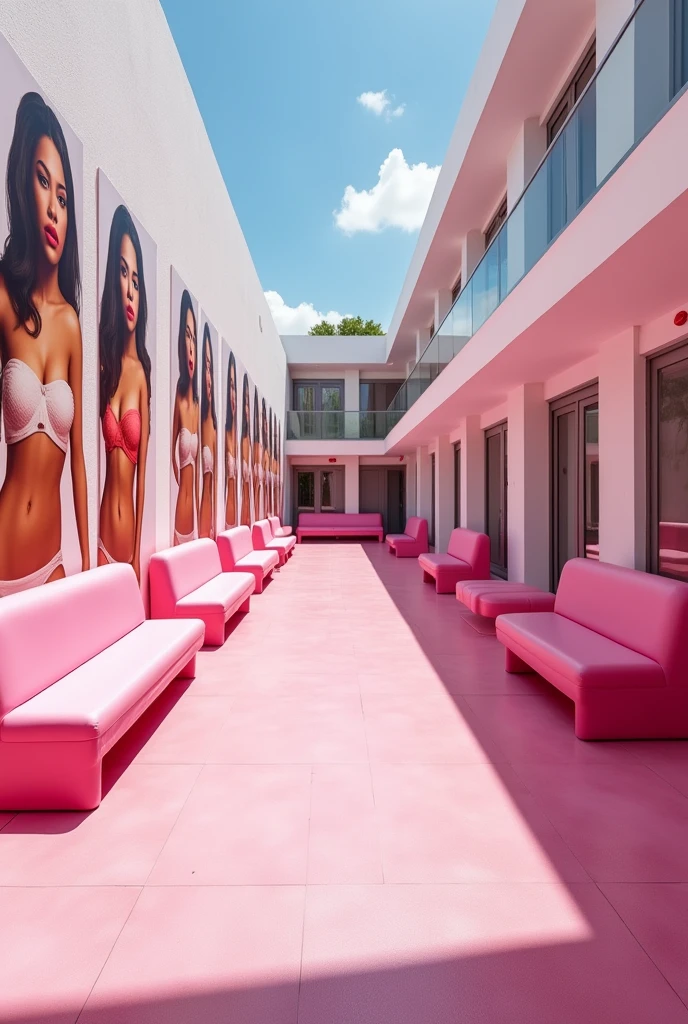 (photorealism:1.2)  4 beautiful y school girls, European blonde redhead and brunette, faces like Dove Cameron, dasha taran and elina karimova,
Wearing sexink lingerie micro g-tring
thongs and pink high heels, chatting with no laugh, sitting super sexy ohe pink benches, of a pink girls' school inside yard, pink and white modern school building with pink benches, clean in good shape, the sign "Colegio Coquetas"d the drawings of many kisses 💋 on the walls, realistic, intricate details