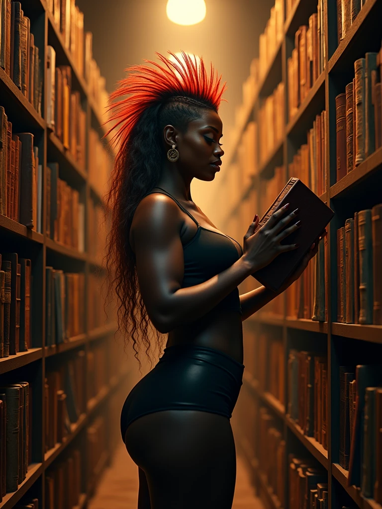 hot milf, standing, choosing books in an old library, ultra realistic photography, studio photography, 32 K, sensual photoshoot, epic, dark skin Amazon Goddess with long hair and tiny waist:2, UHD, Milf has Mohawk with neon highlights and massive ass, uplit, no nudity #HugeAss HUGE ASS  