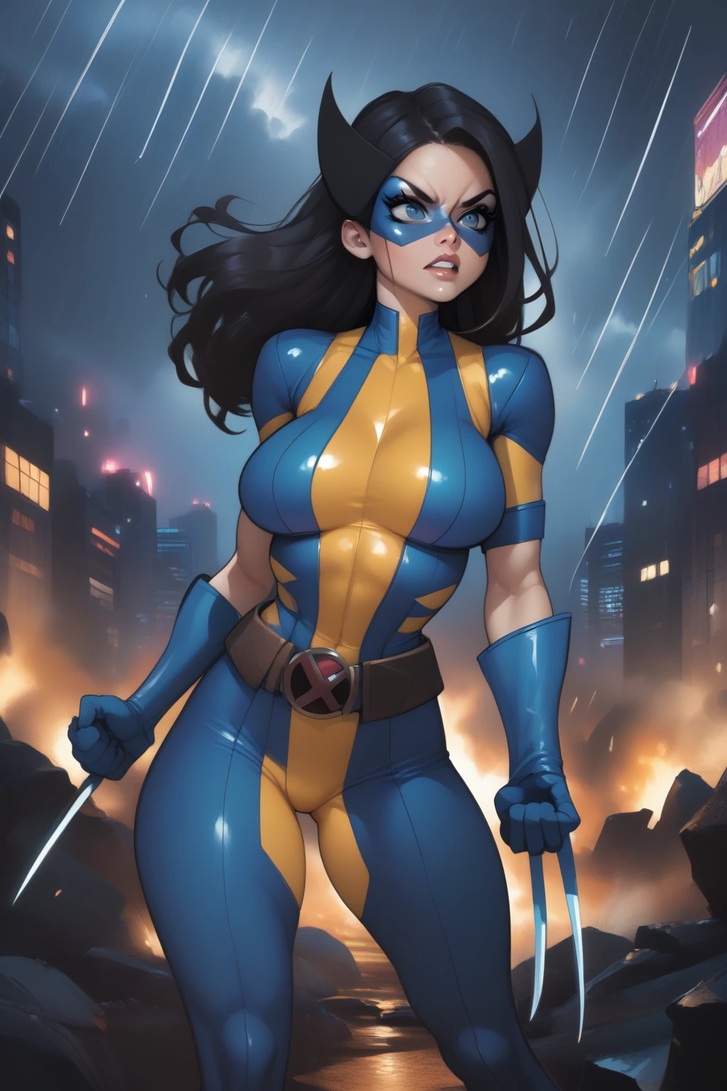 score_9, score_8_up, score_7_up, masterpiece, high quality, BREAK
LraKinyX, long hair, mask, bodysuit, gloves, belt, angry, rain, weapon, four claws, claw (weapon),bodysuit, blue gloves,[GP]Thicc Style,