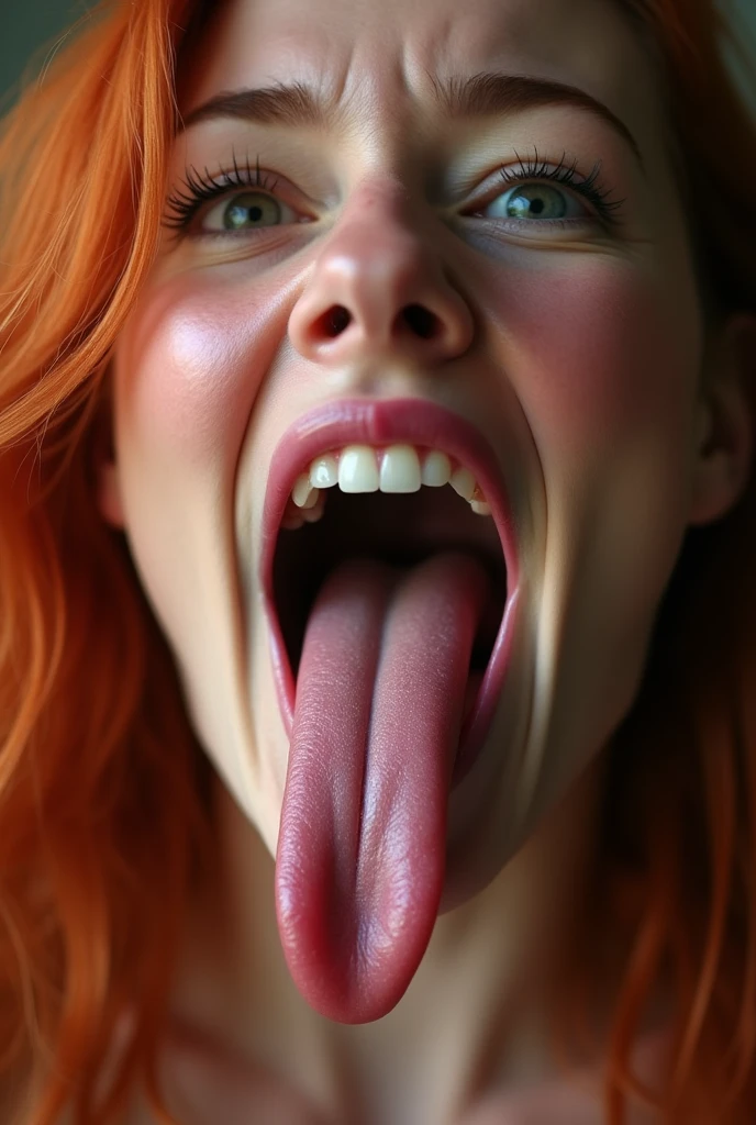((best quality)), ((masterpiece)) Redhead Milf opens her mouth wide showing you her uvula and super thick slimy and very meaty Tongue with a sensual expression on her face (photorealistic tongue)