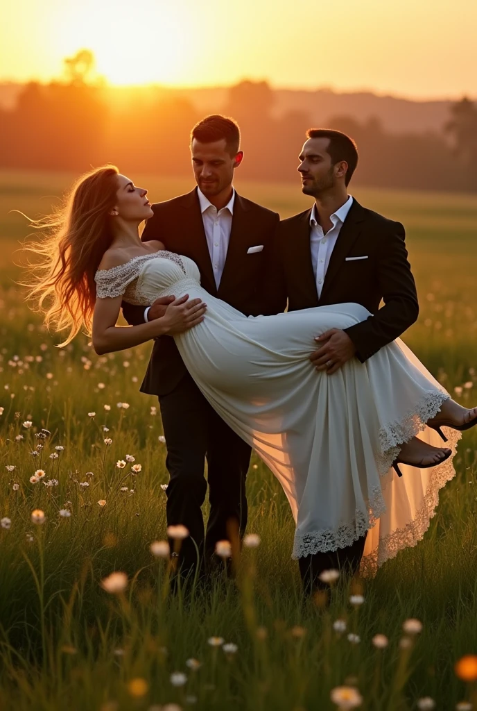 2 men and a woman dressed in black carrying a woman in a white dress through a field