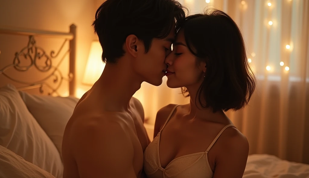 Beautiful and cute Asian woman,((Perfect Anatomy)),French Bob Hairstyle,Wearing a white bra, Wearing white hot pants, Kissing my boyfriend in my room 、They are a handsome man and a beautiful woman who look alike.