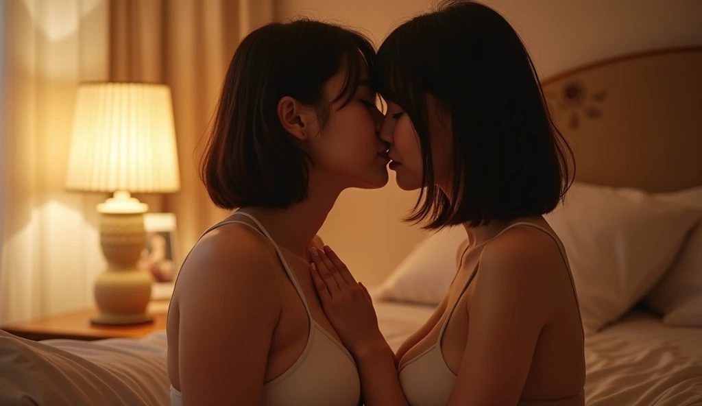  Beautiful and cute Asian woman,((Perfect Anatomy)),French Bob Hairstyle,Wearing a white bra, Wearing white hot pants, Kissing my boyfriend in my room 、They are a handsome man and a beautiful woman who look alike.