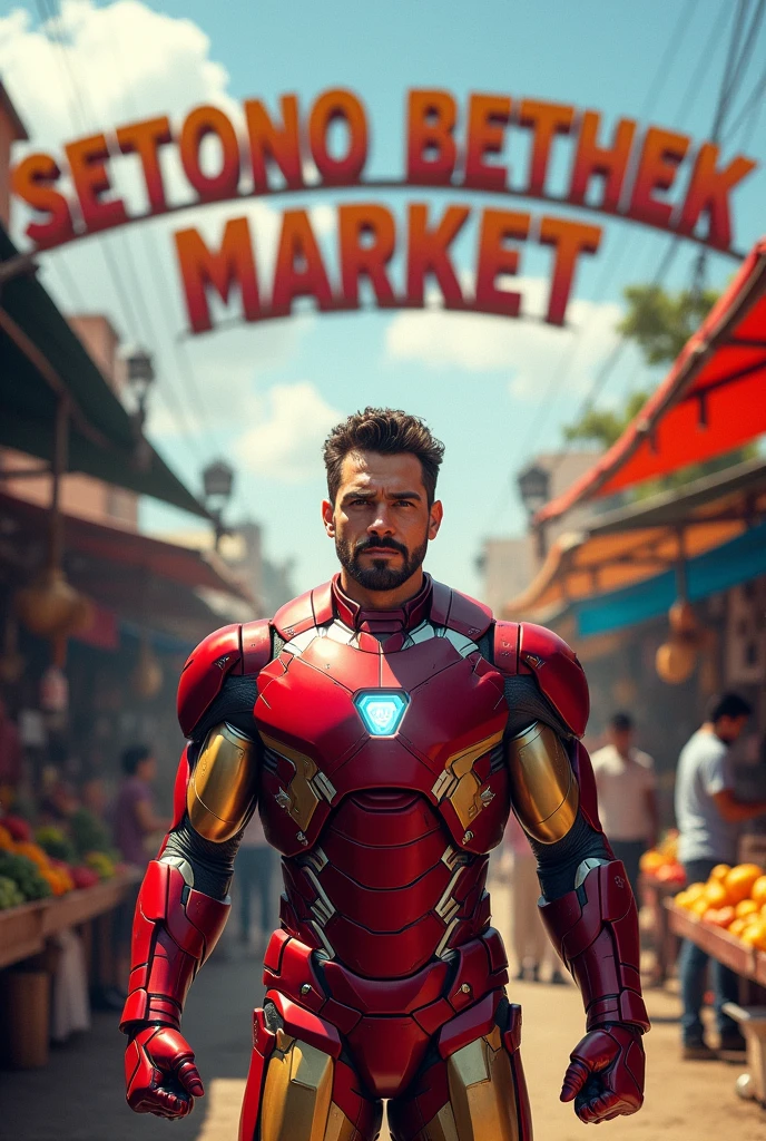 iron man without mask, no moustache and no beard standing looking sharply with the market in the background with the words "SETONO BETHEK MARKET"