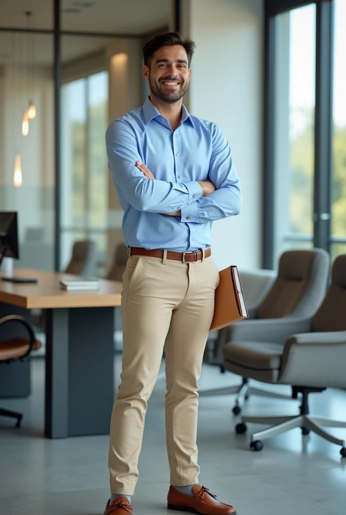 Look 2: Itaú Personalité Insurance Consultant
Dress Shirt: light blue.
pants: Chino Beige.
shoe: Brown Moccasins.
Accessories: brown belt.