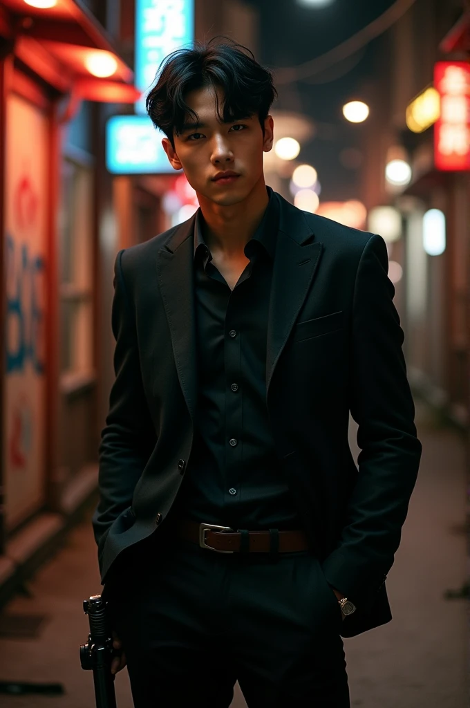 A very handsome young man with a gangster look, with black Korean-style hair but cute, with a muscular body in a black suit, and a gun where his chest is very prominent and he looks about 25 years old.