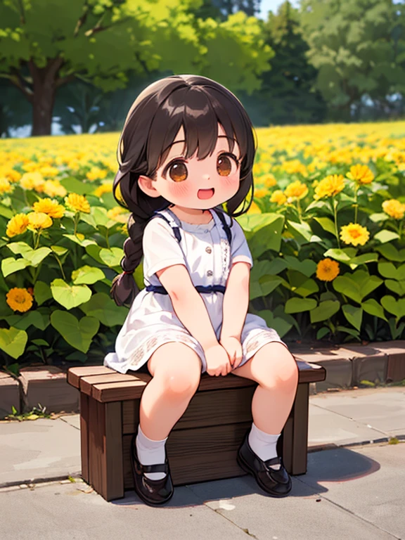 (Highest quality,4K,8k,High resolution,masterpiece:1.2), Very detailed, (Deformed, Realistic, Realistic:1.3)，One Girl，cute，非常にlow length，8-year-old，Laughing happily, Brown eyes，low length， fluffy, Black hair braids，White short dress，Hugging a Chihuahua，A Chihuahua is much bigger than a girl....，This dog is a chihuahua..，The midsummer background is the garden of a country house，My clothes are transparent because of cold sweat，