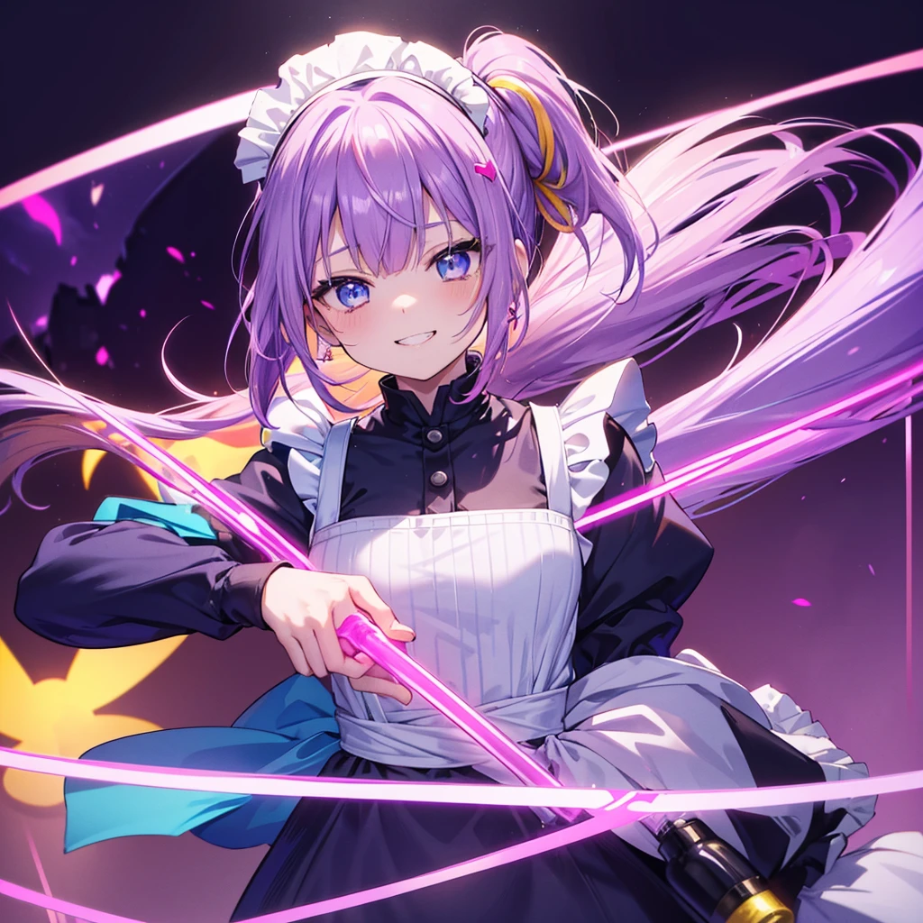 1人のwoman,Giant((maid,smile,Showing teeth)) Pink Background,heart,The Shining, woman,(Purple Hair,Side Ponytail,Yellow Mesh, Neon blue eyes,Super Shine) Yes cheese!Very small town,Shibuya Anime,The wind is blowing,Flowers fall,First