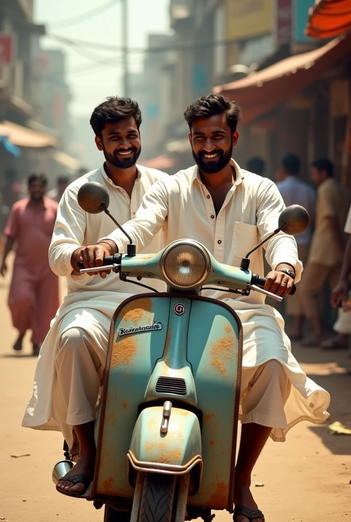 dark-skinned men use powder.  wearing a white kurta riding a rusty scooter