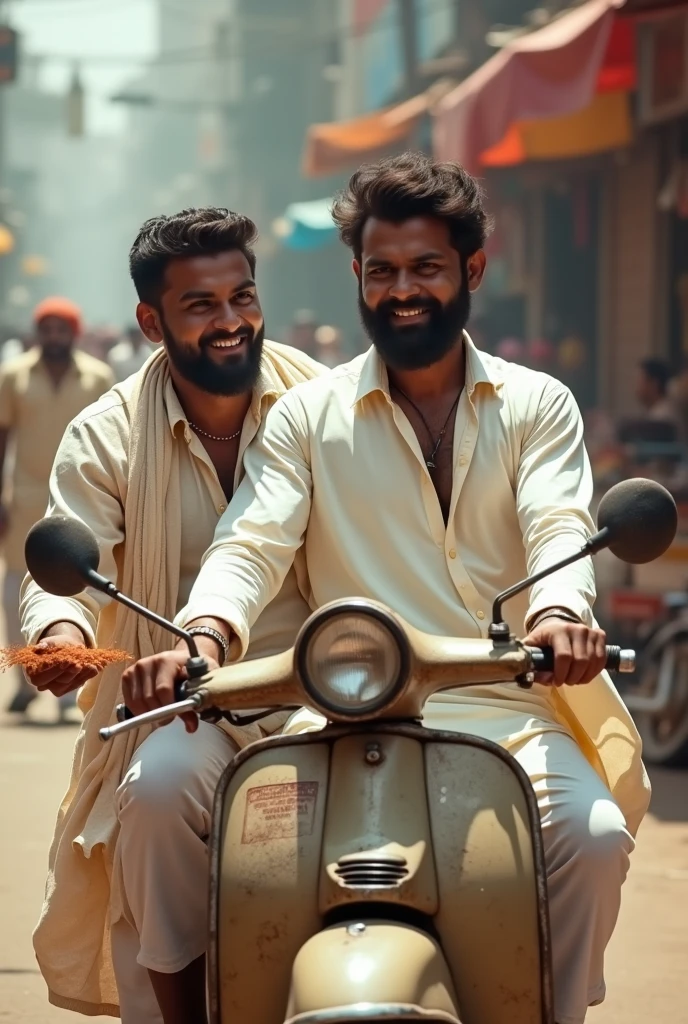 dark-skinned men use powder.  wearing a white kurta riding a rusty scooter