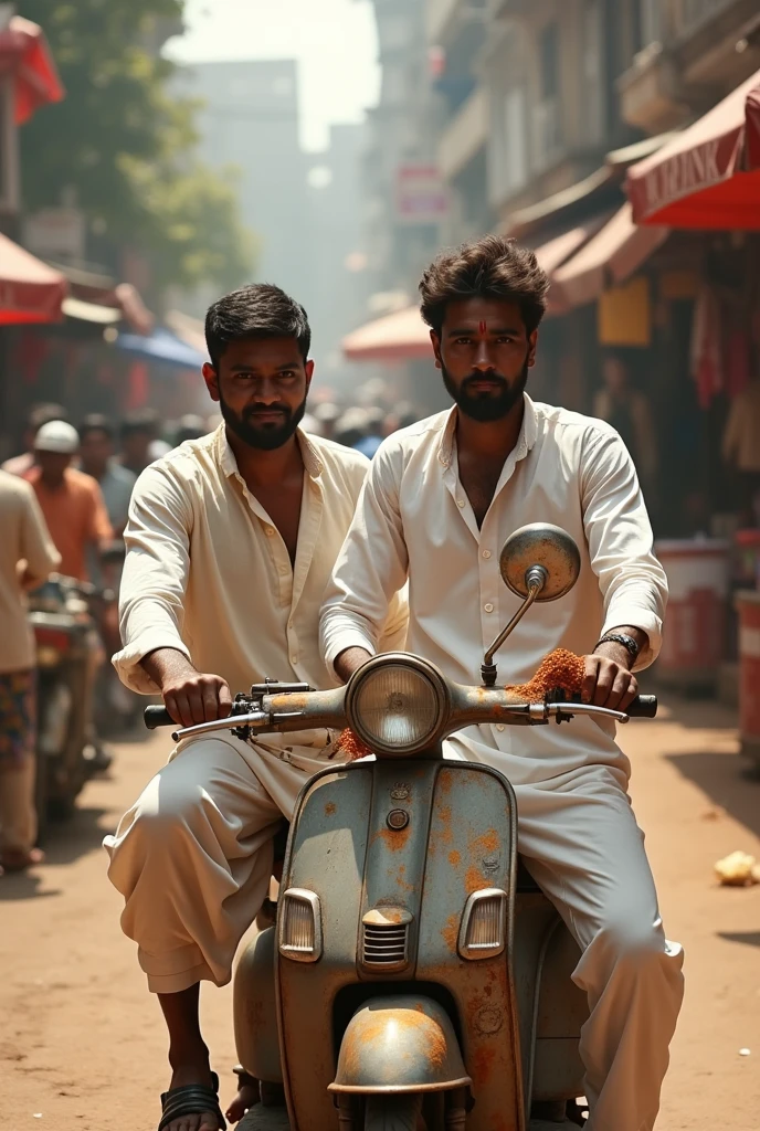 dark-skinned men use powder. wearing a white kurta riding a rusty scooter