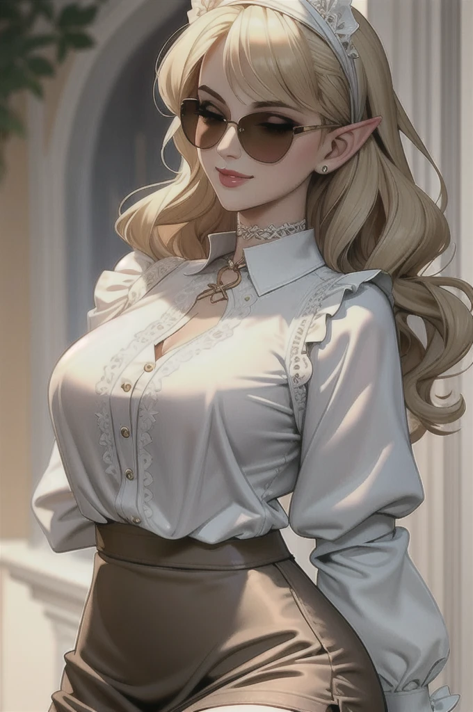 ((Masterpiece, best quality)),edgQuality,smirk,smug, blonde Nadia with sunglasses and a choker
edgCT, a woman in a blouse, and a skirt,wearing edgCT,chic top , elf ears, cleavage, thigh, short skirt, sexy
 