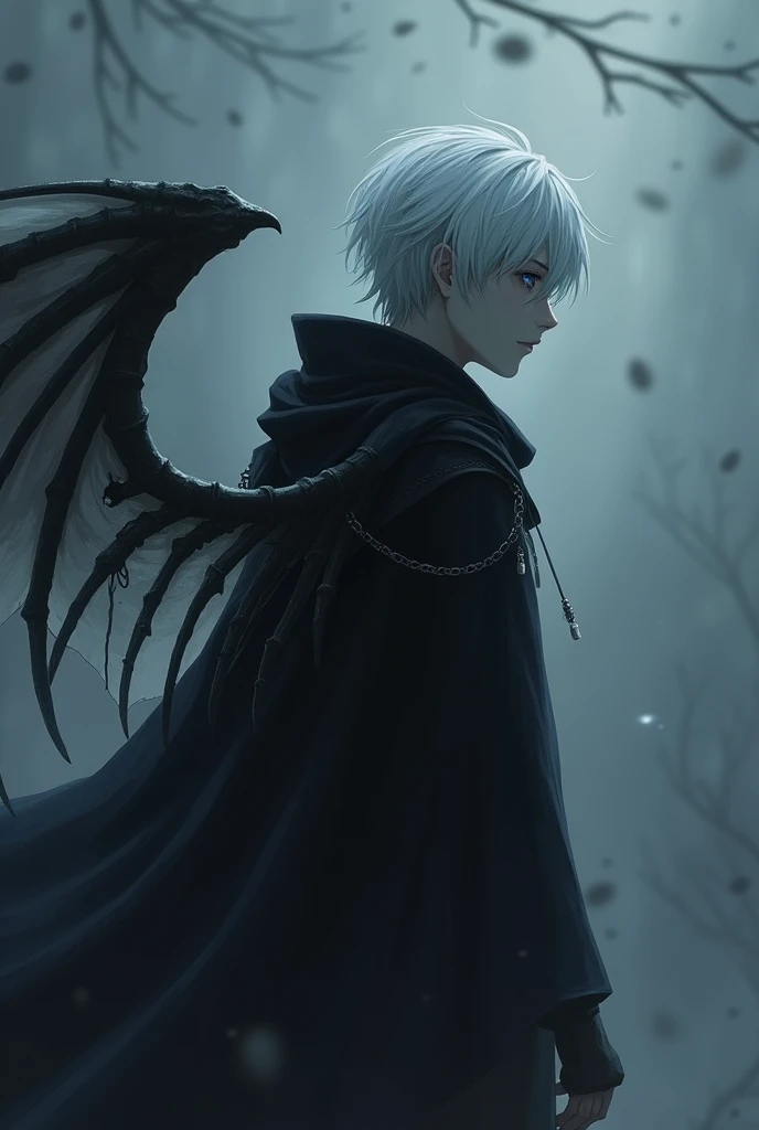 An adult Japanese aasimar with short white hair who is an anime male with one white eye and the other black without pupils with a black medieval-style hood without having it on with gray skin with skeleton wings in profile facing forward looking gloomy