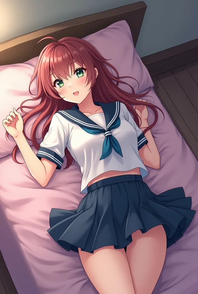 Anime style illustration of a girl lying on a bed in a room, in a school uniform, surreal school girl, seductive anime girl, surreal school girl, , cute anime girl illustration, cute anime girl, anime girl, realistic school girl, small details, Girls Frontline, lying on her bed, getting fucked by a naked man