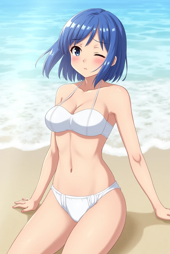 , (Spread your legs)、 (White panties), Sailor Warriors、Sailor Moon，mini skirt、mini skirtを履いている、 sunny, Mature Woman, Anime Cel Style, Highest quality, High resolution, one person&#39;s, (Large Breasts:1.2), Beautiful Face, Beautiful fingers, Beautiful long legs, Beautiful body, Beautiful Nose, Beautiful character design, Blue Hair, bangs, black eye,short hair、 Show Viewer, Cowboy Shot, blush、Eyes closed and embarrassed look、Nipples are visible、 、