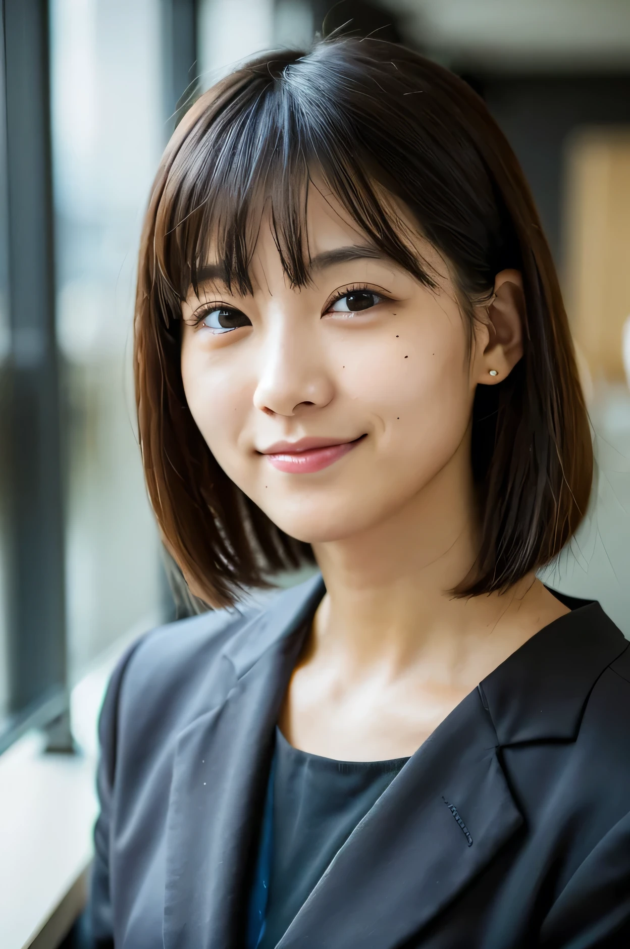 Generate a high-quality, realistic image, Japanese female in a office, wearing gray suit, upturned eyes, slant eyes, troubled eyebrows, (naughty :1.3),(slut:1.25),(vulgarity:1.25), ((​masterpiece:1.4, top-quality)), (photographrealistic:1.4), upper body, diffused natural skin glow, physically-based rendering, Short bob hair, earrings, smiling, look down:1.6, extra detailed face, Detailed skin, mole:0.1, (Women in Japan:1.05),