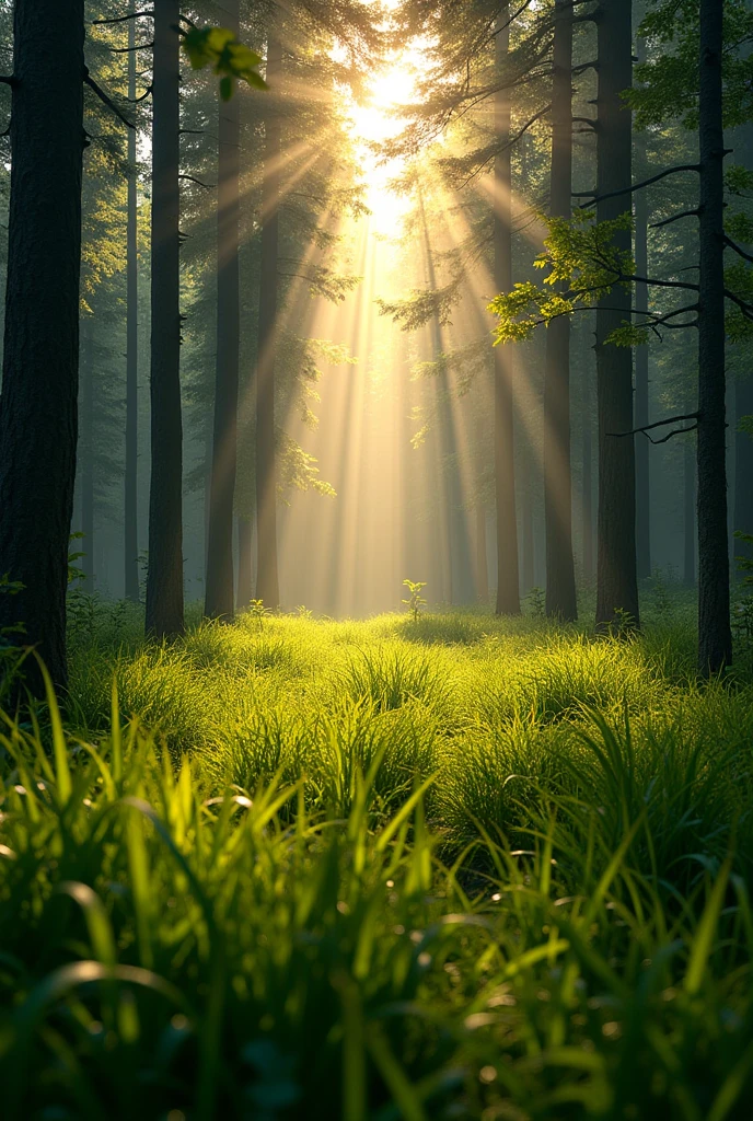 (Photorealism 1.2) forest background dramatic view cinematography view sunlight silhouette green grass