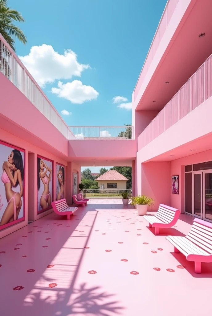 (photorealism:1.2) An empty pink girls' school inside yard, pink and white modern school building with pink benches, clean in good shape, the sign "Colegio Coquetas" and the stickers of many kisses 💋 on the walls and floor, posters of beautiful teen white girls models in pink sexy bikinis blowing kisses hanging from the walls, not childish drawings on the walls, realistic, intricate details