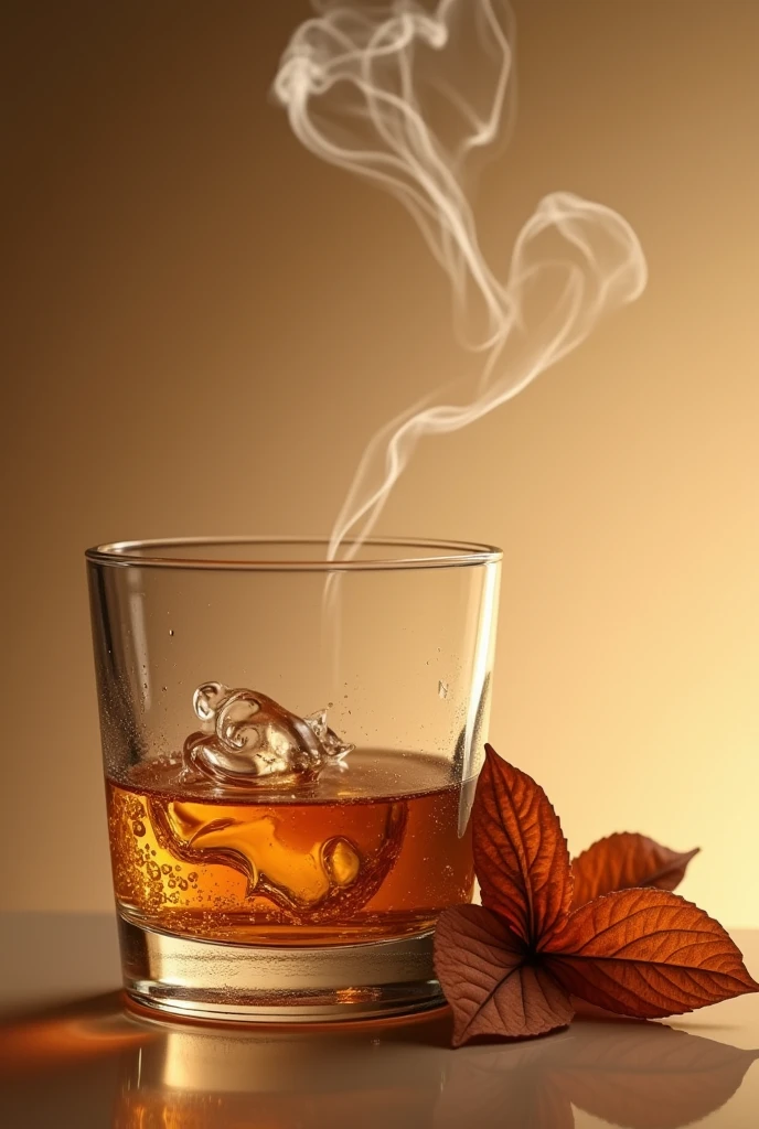 glass of wiskeywith many details with brown tabaco horizontal with smoke in a beige background in the air
