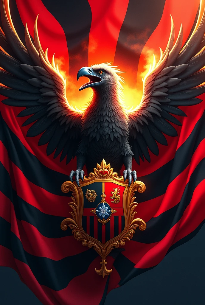 Flag of the Flamengo football club with red and black stripes and with exuberant lights, with an image of a fierce vulture holding the traditional shield of the Flamengo team in its beak and shouting the phrase in Portuguese Flamengo is race, Love and passion!!. drawing with realistic strokes