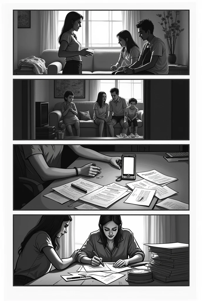 Create a black and white storyboard, and sketch drawings, with the following scenes numbered in a rectangle: 1. Woman talking in front of another woman and a man who are sitting on the sofa in a house 2. Woman holding two little girls by the hand with a scared expression on her face. 3. A desk seen from a top-down perspective, where you see a switched on phone and a notebook with pages scattered around. 4. Woman signing paperwork in an office.