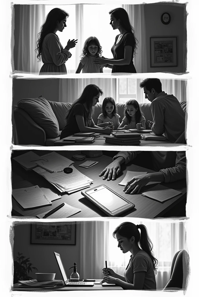 Create a black and white storyboard, and sketch drawings, with the following scenes numbered in a rectangle: 1. Woman talking in front of another woman and a man who are sitting on the sofa in a house 2. Woman holding two little girls by the hand with a scared expression on her face. 3. A desk seen from a top-down perspective, where you see a switched on phone and a notebook with pages scattered around. 4. Woman signing paperwork in an office. 
