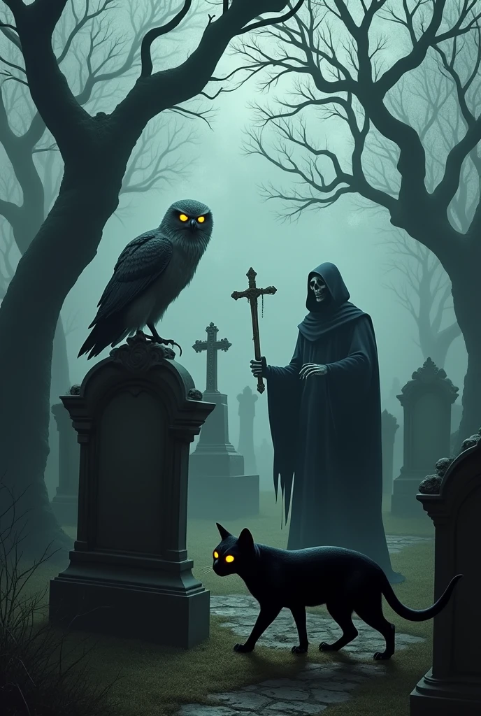 An ancient cemetery with dry trees, a large and macabre owl beside a macabre monk with a crucifix and a large, terrifying black cat with a skeletal face.