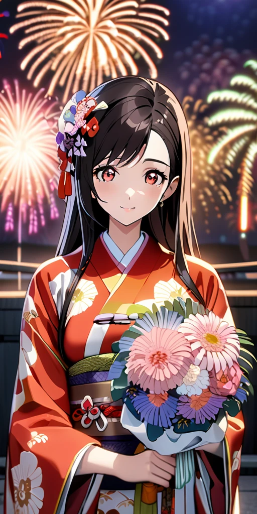 (((((tifa lockhart:1.5))))),((Highest quality、masterpiece、anime style、best quality、high resolution、8k、detailed、ultra-detailed:1.3))、Long legs:1.2, Beautiful woman with perfect figure:1.4、(Smiling:1.2), double eyelid、30-year-old female、((((One Woman,beautiful face,Beautiful face:1.5)))),Big Breasts、High resolution, accurate, Anatomically correct, High-resolution model, high quality, Very detailed, Ultra high definition、Black Hair、Straight Hair、Long Hair、(((long kimono、Vivid Kimono、Beautiful kimono、bouquet,night,fireworks:1.5)))