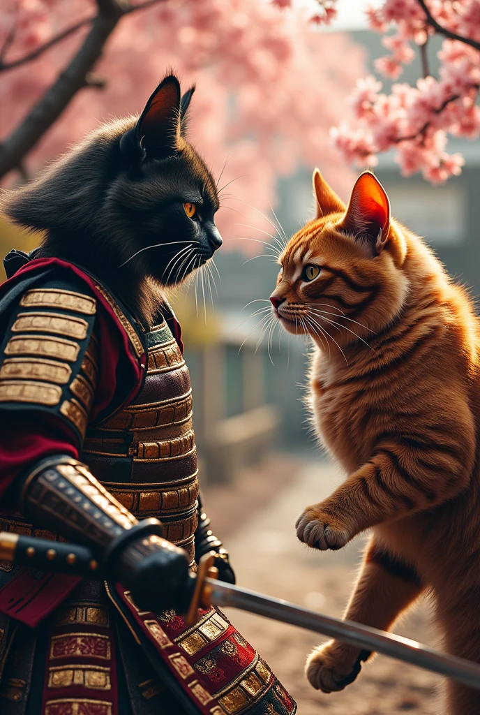 high quality、peace of mind、High precision、Real Stick、delicate、Detailed、Warm touch、Attractive colors、Depict the whole body、cat、Random species、Random fur color、delicateな毛並み、A rich expression、Rich Expressions、Multiple heads、Kabuki actor、Armor、Sword fighting、A thrilling duel scene