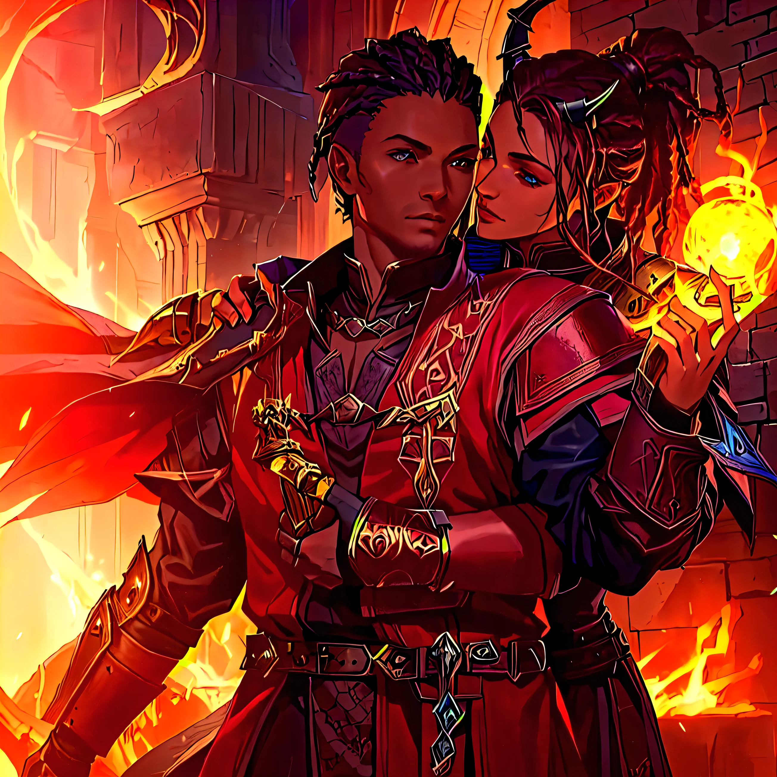 A black warrior，Dreadlocks，Wearing reddish-brown leather armor，Holding a rapier，There is a shadow of a female devil behind，Man hugged by woman, dungeons and dragons character, dungeons and dragons characters, d & d Fantasy Character, dungeons and dragons portrait, d & d dragon age warcraft, d & d character reveal, Fantasy 3D&d character, The wizard, dragon age, Photo of a black male warrior, d&d character，Anime style