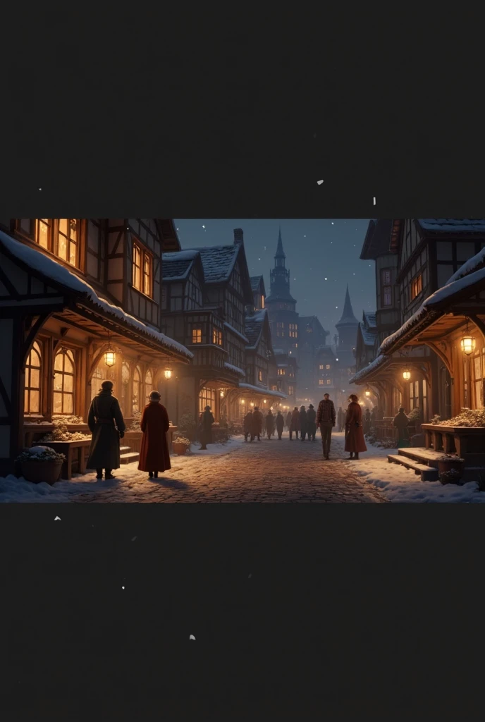 Anime style, a medieval fantasy RPG town, snowfall, stone buildings, many people, bar, detailed architecture, cobblestone streets, medieval market, lanterns, dim lighting, renaissance era, ornate details, intricate designs, atmospheric fog, moody lighting, cinematic composition, dramatic lighting, photorealistic, 8k, high quality, highly detailed