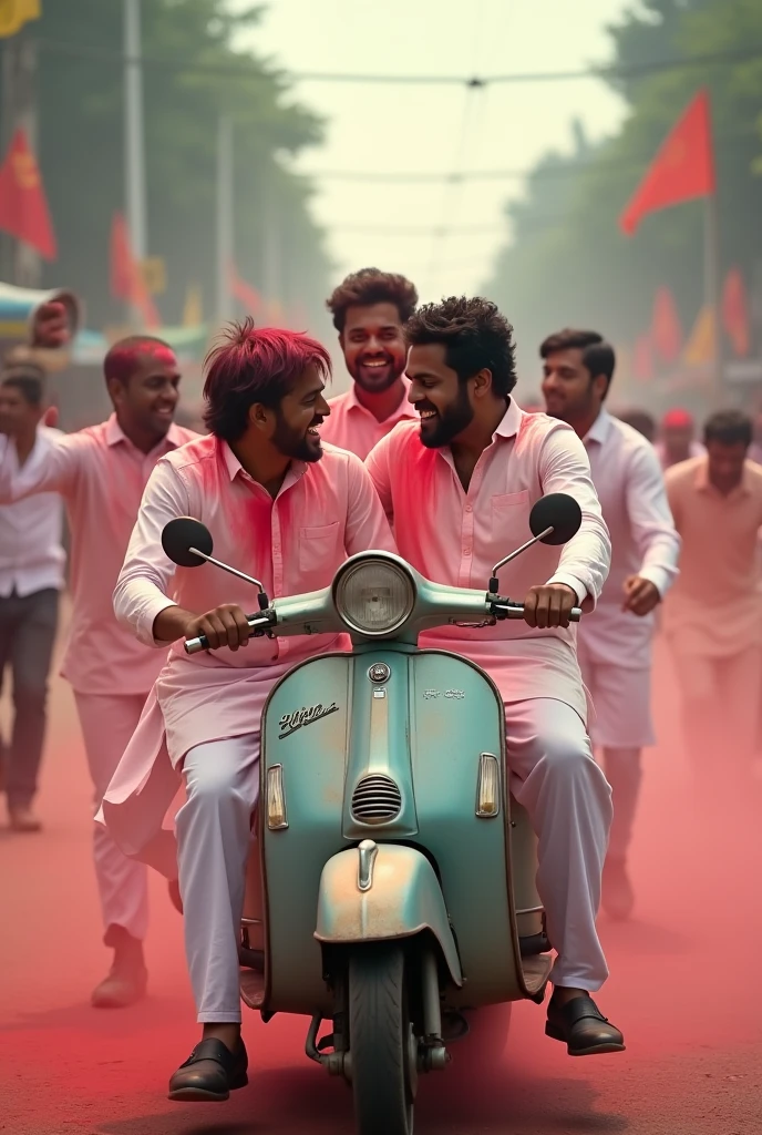 dark-skinned men use powder. wearing a white kurta riding a rusty scooter. Panning shoot photography. fast movement effect.