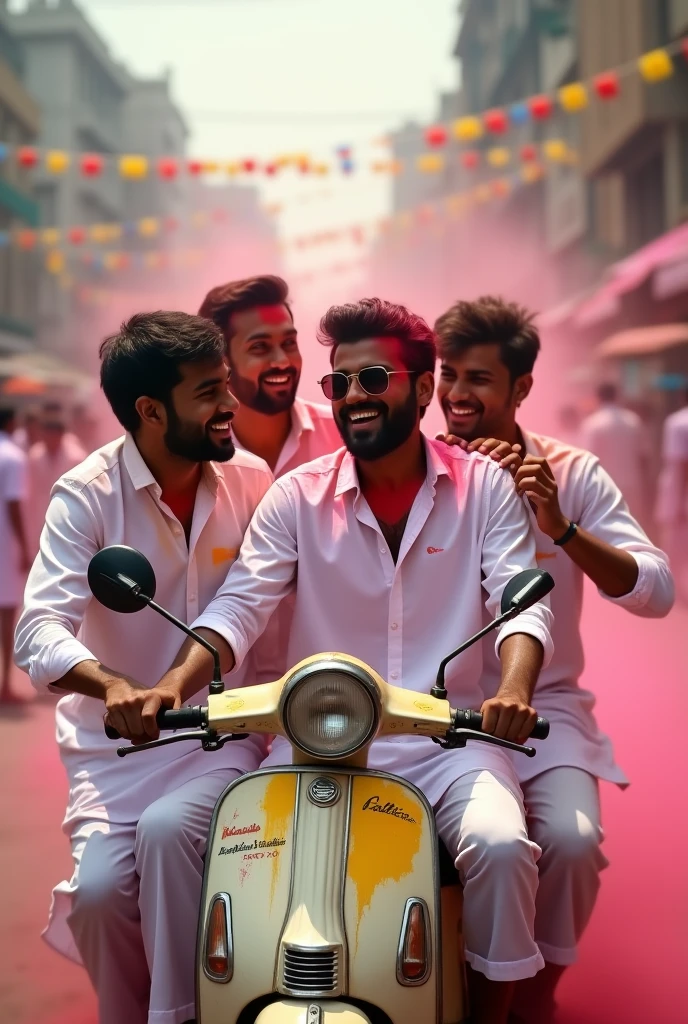 dark-skinned men use powder. wearing a white kurta riding a rusty scooter. Panning shoot photography. fast movement effect.