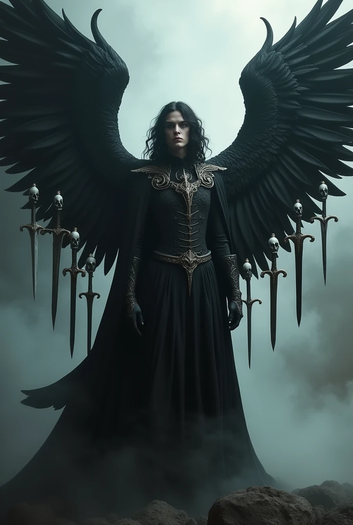 Create an image of a boy named Aubrey, who is totally beautiful, masculine, ethereal, Is high, with a dark and intimidating aura, with a muscular body, with black clothes and a cape, with big wings, which have swords and skulls attached to the wings, for all these, his wings are completely filled with sharp swords and skulls, He is the most powerful man, he is white with jet black hair and has clothes that are undoubtedly worthy of a king