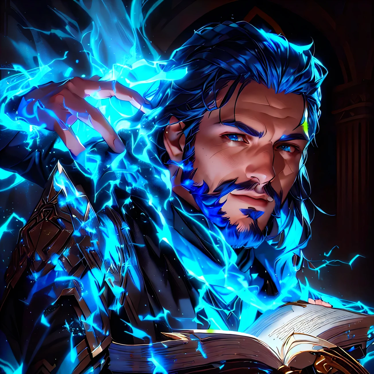 A man holding a book,Blue light radiates from the face, Photo of a male priest, Portrait of a fin wildcloak, reed richards, Kerem couplet, Asgardians, Unreal 5. rpg portrait, Tony Sart Very detailed, Kaladin Storm Blessing, Avatar pictures, Thor, Graphic artist Magali Villeneuve,Anime style