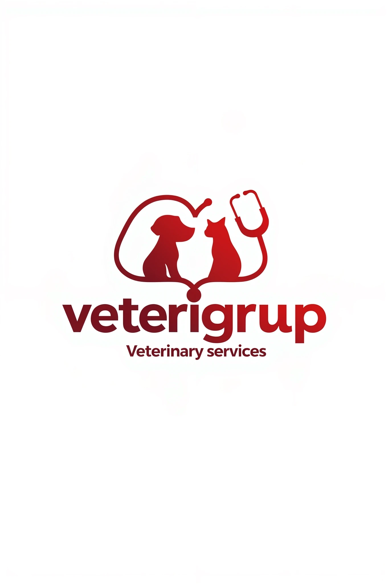 Make a Spanish logo design that uses a dog and a cat, merged with a stethoscope that forms a heart, that includes the name in large bold "veterigrup" and down "Veterinary services"

La empresa es de Veterinary services