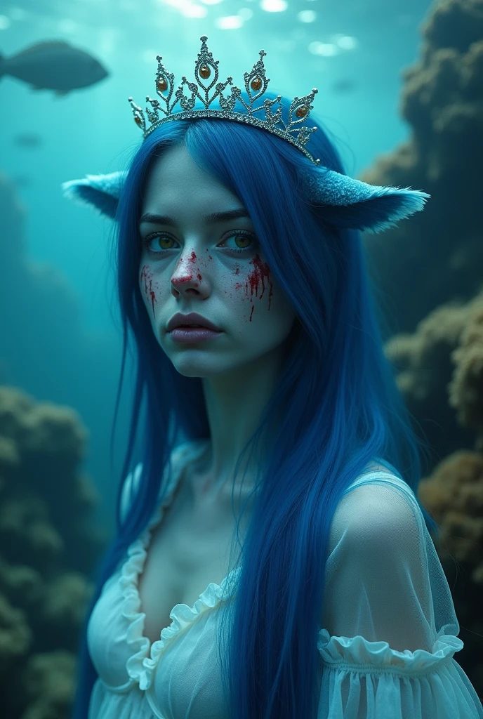 a woman with light blue skin and yellow eyes, straight, dark blue hair, fish ears, a princess tiara, a blue pendant necklace, white translucent clothing, a traumatized look and a face covered in blood