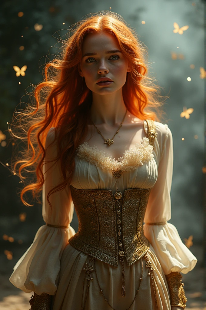 (solo, full body photo:1.3), (action packed:1.3), (haze, fog, mist:1.3), chiaroscuro, best quality, photorealistic, 1woman, (cute), (24yo:1.2), redhead, long ginger hair highly detailed, 1700'S, digital photography, art by artgerm and ruan jia and greg rutkowski surreal painting gold butterfly filigree, broken glass, (masterpiece, sidelighting, finely detailed Fashionable eyes: 1.2) (perfect oval large eyes that gazes at the viewer), beautiful detailed face, blue gorgeous perfect eyes, (blonde hair ponytail), (attractive young woman:1.3), (thick amazing hair), (seductive:1.1), (blushing:1.1)