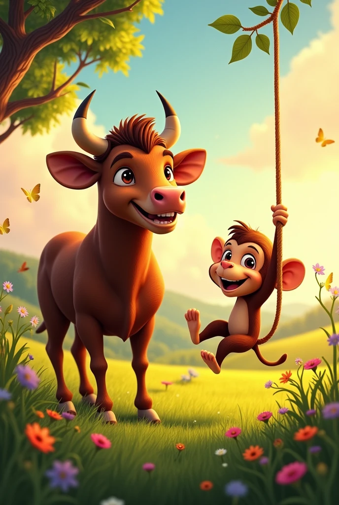 Create a young and handsome bull with his monkey friend who is also handsome