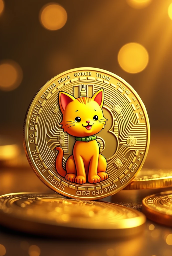  uma moeda frontal com a gravura do golden kitten logo, cartoon style cartoon, Lighting and color Bitcoin style where the logo marga "B" will be replaced by "golden kitten logo" Coined written clearly the value "003", realistic texture , high resolution, comely, highest quallity, obra of art toda dourada, of art , highly detailed