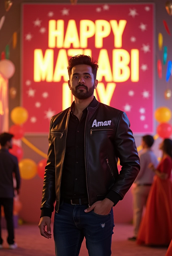 A Man standing to the side, wearing a jacket with the name 'Aman' written on it. In the background, there’s a large board with the words 'Happy Matlabi Day' clearly written in bold, sharp letters. The text is easy to read and stands out against the background, creating a striking 3D effect