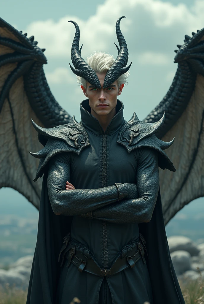 1:4 HDR images, top view, ultra detailed, best quality, masterpiece, 8k, photorealistic, beautiful image, individual,A handsome, tall half-dragon man,There are curly black dragon horns on the head.,Arms covered with black, gleaming dragon scales,There are wings behind,When unfolded, the wing membrane is gray and has black stripes.,Dragon Tail,Dark grey fantasy style priest robe,Green iris,Pupils of reptiles,White short hair,Cold expression