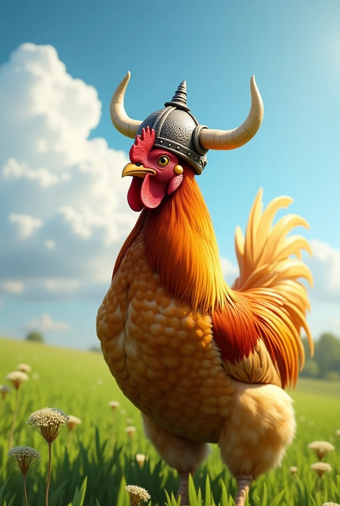 A French rooster holding a Viking hat
