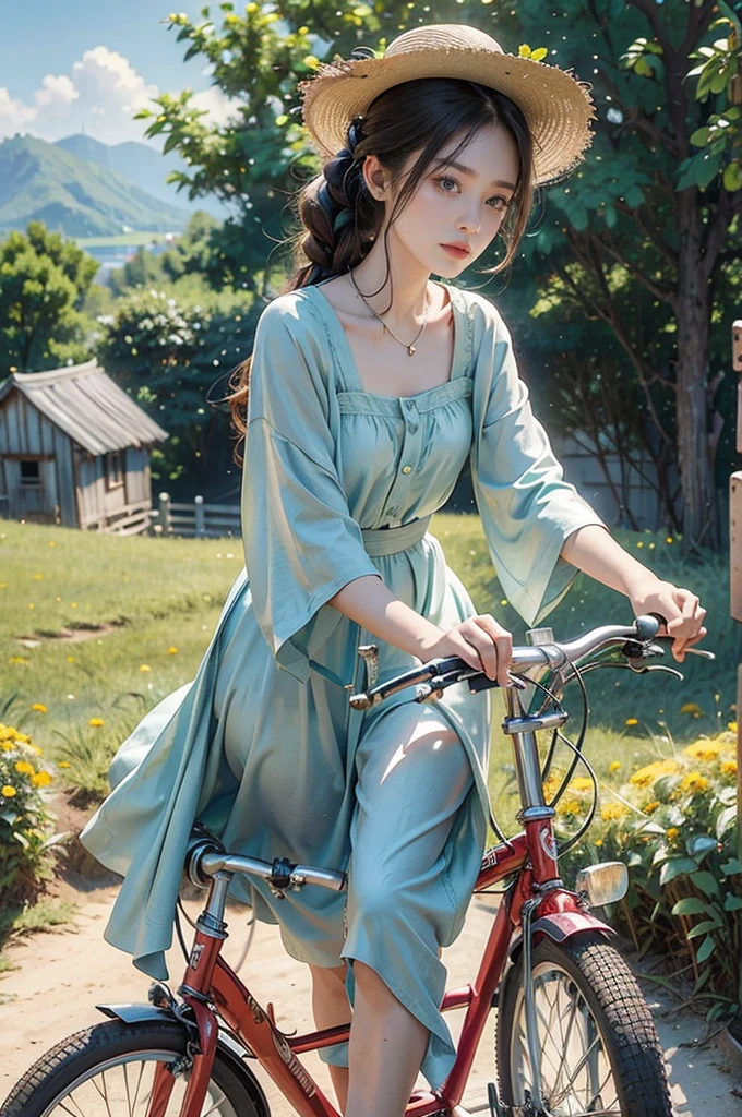 (((best quality))),(((ultra detailed))),(((masterpiece))),illustration, girl cycling down a country road, sun beating down, warm glow,a beautiful young girl, light blue sundress, flowing gracefully,short ponytail, wide-brimmed straw hat, protected from sunlight, fair skin, bright green eyes, lush greenery, calm and serene face, effortless cycling,(riding on a vintage bike:1.3), shiny chain, bright red tires, well-cared-for, narrow winding road, lush green grass, cornfields, golden cornstalks, gentle breeze, sweet scent of corn, sound of birds chirping, small village, white-washed houses, red-tiled roofs, smoke from chimneys, relaxing, peacefulness of the countryside, summer's day, tranquility,