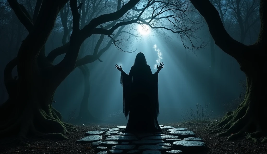 "A shadowy figure of a woman standing over a , with hands outstretched as if performing a ritual"