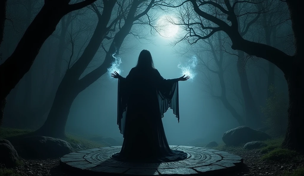 "A shadowy figure of a woman standing over a , with hands outstretched as if performing a ritual"