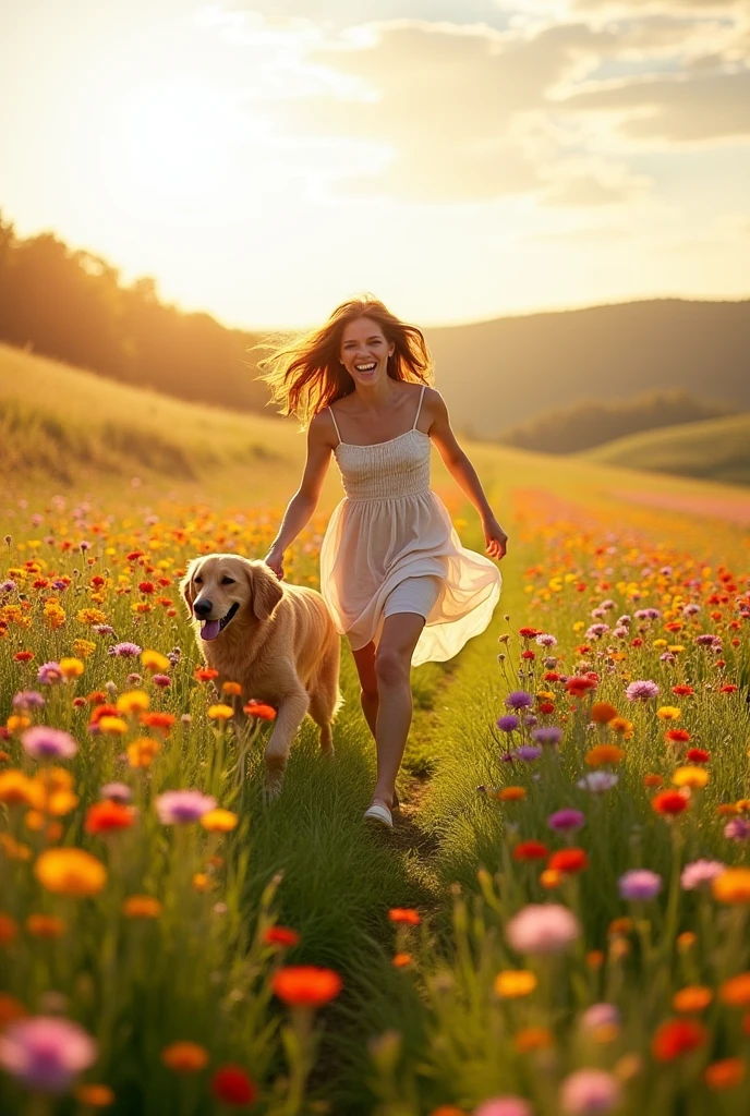 I want to draw a large grassland,There are a lot of flowers,There is sun,with a woman and her dog running.
