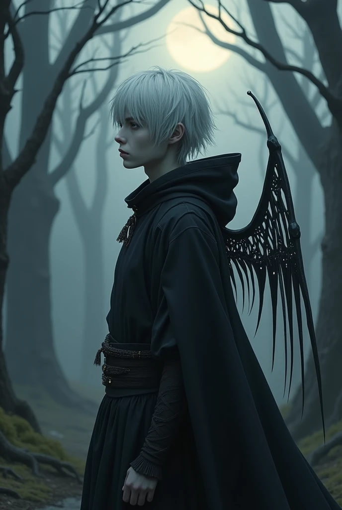 A Japanese adult aasimar with short white hair, an anime male with one white eye and the other black without pupils, wearing a medieval-style black hood but not putting it on, with grey skin and skeletal wings, looking somber.